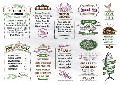 Fish menu elements and symbols set, hand drawn graphic illustration