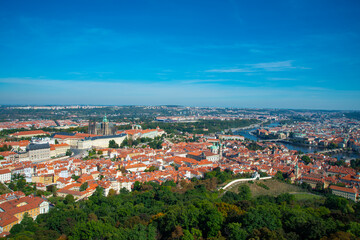 Naklejka na ściany i meble aerial view on the old town of Prague with Charles bridge and the Moldau river