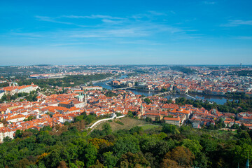 Fototapeta na wymiar aerial view on the old town of Prague with Charles bridge and the Moldau river
