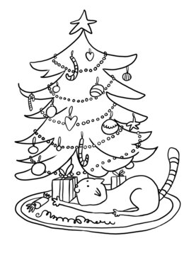 Hand drawn cartoon illustration of a cute cat hiding present box under the Christmas tree. Winter celebration. Holiday postcard. New year. Coloring book page. Black and white.