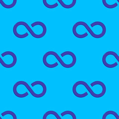 Seamless pattern. The sign of infinity is blue, isolated on a blue background. The symbol of infinity. 3d image. 3d rendering