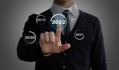Businessman clicks on the 2022 button. Switches years. Chose the 2022 new year