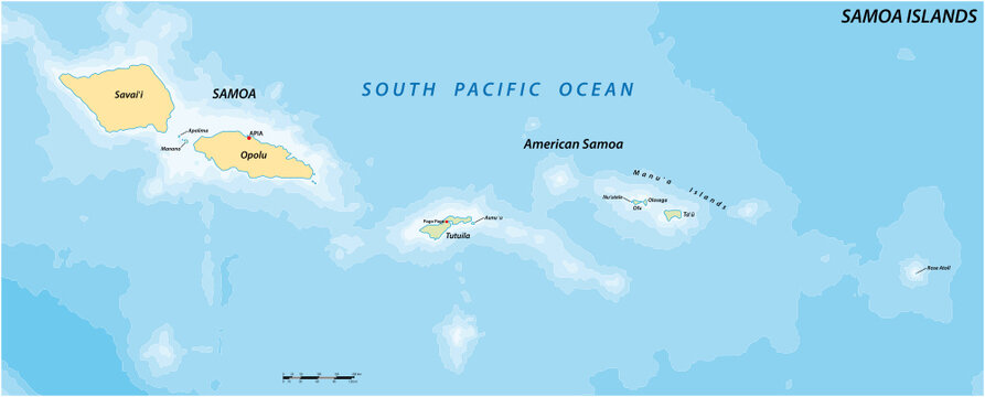 Vector map of the Polynesian Archipelago of the Samoa Islands, Samoa, American Samoa