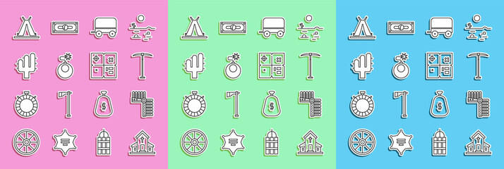 Set line Church building, Indian headdress with feathers, Pickaxe, Wild west covered wagon, Bomb ready to explode, Cactus, teepee or wigwam and Treasure map icon. Vector © Vadim