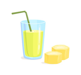 Bamboo juice. Glass with straw of fresh sweet sugar cane drink, cartoon vector flat icon illustration