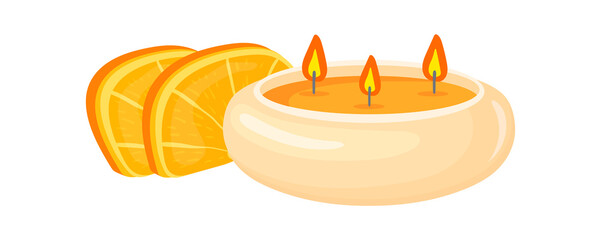 Candle in cup with oranges. Background for zen meditation, vector illustration