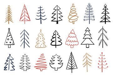 Christmas trees hand drawn set for Holidays cards and background. Abstract doodle drawing woods. Vector illustration
