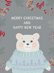 Cute postcard with Teddy bear. Christmas greeting gift cards with winter elements and holiday wishes. Winter vector illustration isolated on white background.