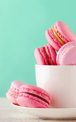 Small Macaron Cookies Bright colors in white coffee cups