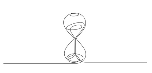 One continuous line drawing of hourglass with flow sand. Retro timer as time passing concept for business deadline in simple linear style isolated on white background. Doodle vector illustration - obrazy, fototapety, plakaty