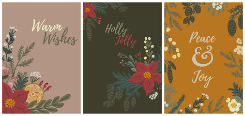 Set of beautiful retro Christmas postcards, greeting cards templates vector
