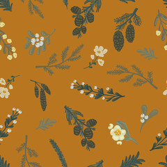 Obraz premium Christmas botanical seamless vector beautiful pattern