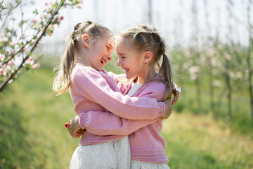 Happy twin sisters hug against the background of a green blooming Apple orchard. The sisters look at each other and laugh - obrazy, fototapety, plakaty