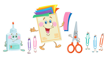Set of funny school supplies for children's creativity. Color paper, scissors, glue and paper clips. In cartoon style. Isolated on white background. Vector illustration. 