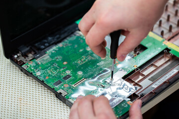 Service center for laptop repair. Macro of a screwdriver holding a screw