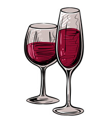 Two glasses of red wine, color vector illustration