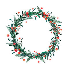 Hand-drawn watercolor Christmas wreath with berries, fir and mistletoe branches and stylized leaves. Winter illustration for Christmas decorations, postcards, textile.