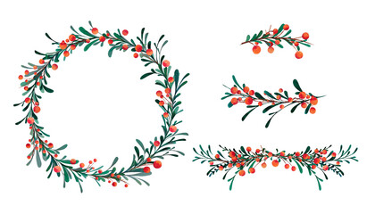 Hand-drawn watercolor Christmas collection of wreath and borders with berries and stylized leaves. Winter illustrations  for Christmas decorations postcards, party invitation cards, posters.
