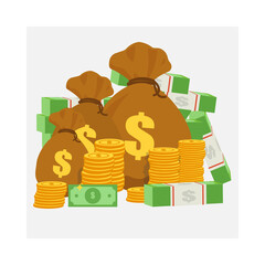 Paper money and a bag of money. Big money concept.  icons set.