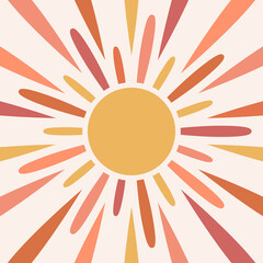 Abstract retro style sunshine illustration with pink, brown, orange, purple, and yellow sun rays decoration on pastel pink background for summer lovers - 468169949