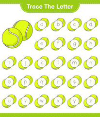 Trace the letter. Tracing letter alphabet with Tennis Ball. Educational children game, printable worksheet, vector illustration