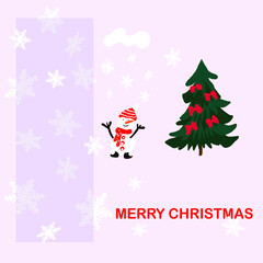 Christmas card: snowman, snowflakes, green tree and white clouds.