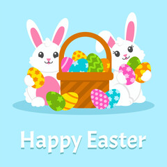 Happy Easter. Cute white bunnies are holding Easter eggs. Beautiful gift card. Colored flat vector illustration isolated on blue background. Cartoon character.