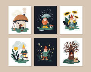 Fototapeta premium Set of cute posters with different garden gnomes or dwarfs. children's illustrations