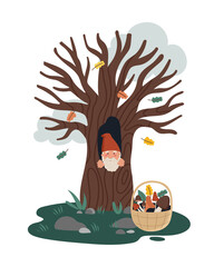 Little gnome or dwarf sitting  in the hollow with basket of mushrooms. Cute children's illustrations