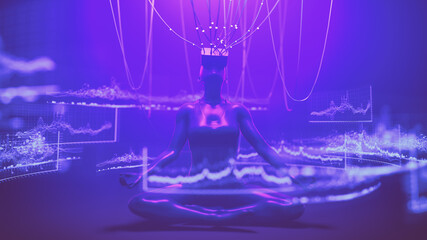 Woman in VR glasses trade cryptocurrency on DEX exchange in metaverse. Human interact with defi trading platform in virtual decentalized reality. Cyberpunk crypto 3d render illustration.