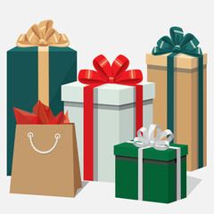 Set of gift boxes with bows, Christmas presents, sale and shopping banner, card, flat vector realistic design.