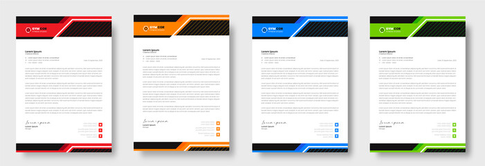 Modern Fitness gym letterhead Design Template with green, blue, orange, and red color. corporate modern letterhead design template. letter head design. doctor letterhead. medical letterhead