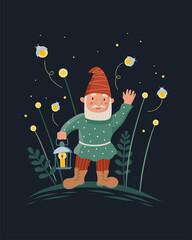 Little gnome or dwarf with a flashlight, lantern and fireflies. Cute children's illustrations