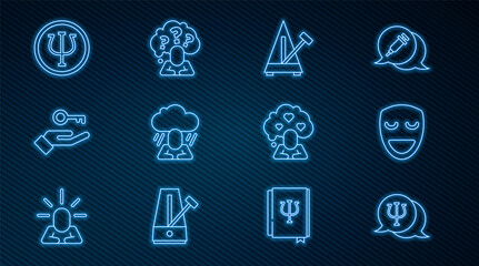 Set line Psychology, Psi, Comedy theatrical mask, Metronome with pendulum, Depression, Solution to problem, Broken heart or divorce and Head question mark icon. Vector