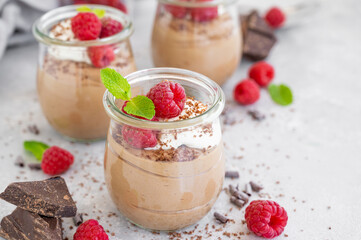 Chocolate mousse with whipped cream and fresh raspberries in a glass on a gray concrete background. Copy space.