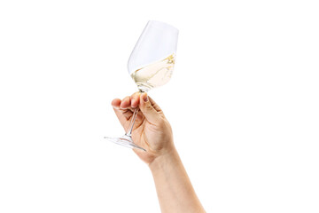 Cropped image of male hand holding glass with white wine isolated over white background