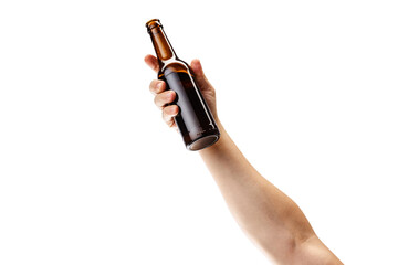 Cropped image of male hand holding bottle of dark beer isolated over white background