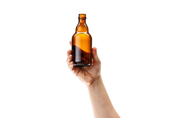 Cropped image of male hand holding bottle of strong alcohol drink, beer isolated over white...