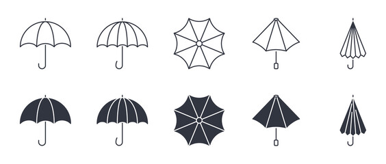 Umbrella icons. Editable stroke. Set thin line and silhouette icon for web design isolated on white background