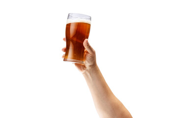 Cropped image of male hand holding glass of lager foamy beer isolated over white background