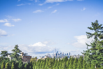 View of Manhattan skyline seen from Greenwood Cemetery in Brooklyn.