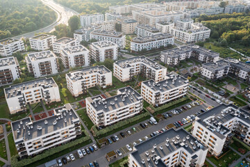 Drone aerial photo of modern residential buildings in Siekierki area of Warsaw, Poland
