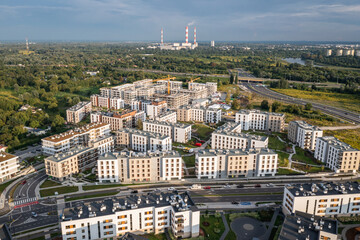 Drone aerial photo of modern residential buildings in Siekierki area of Warsaw in Poland - obrazy, fototapety, plakaty
