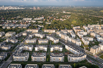 Drone aerial photo of modern residential buildings in Siekierki area of Warsaw, Poland