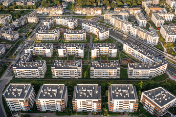 Warsaw, Poland - August 27, 2021: Drone photo of modern apartment buildings in Siekierki area of Warsaw