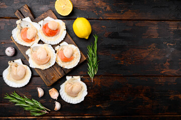 Fototapeta na wymiar Shellfish Scallops in seashells with garlic and spices, on old dark wooden table background, top view flat lay, with copy space for text