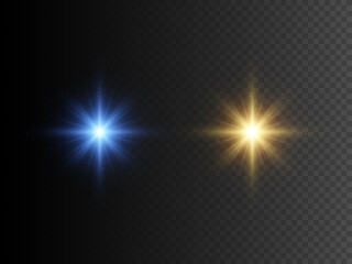 Gold and blue star. Set of glowing lights. Transparent effect. Vector illustration