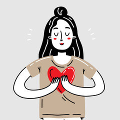 Young happy girl holding a heart in her hands. Vector illustration with a character in a simple cute doodle style.
