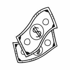 Paper money with dollar symbol in simple doodle style. Vector illustration.