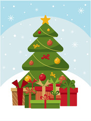 Vector flat illustration of a Christmas tree. New Year's green spruce decorated with toys and Christmas gifts. EPS10